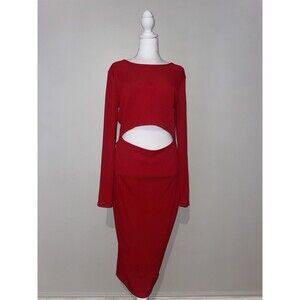 PrettyGarden L Red Ribbed Knit Cutout Dress Long Sleeve Two Piece Look